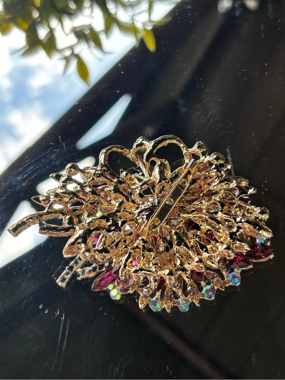 Gold-tone Pink Crystal Floral Brooch - Picture 7 of 7